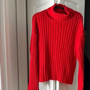 Vibrant Red Cowl Neck Sweater with Ribbed Texture